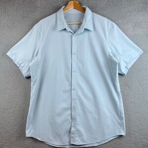 Lululemon Mens Short Sleeve Button Down Shirt Light Blue Textured Grid Size L